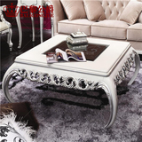 欧式实木新古典茶几后现代银箔白色钢琴烤漆正方形茶桌样板间家具