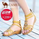 Camel骆驼 夏季女鞋镶珠波西米亚风耐磨中坡跟牛皮休闲百搭女凉鞋