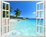 3D立体墙贴假窗户浪漫山水海滩沙滩客厅房间装饰贴画卧室窗帘壁画