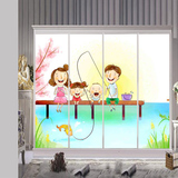 卡通艺术玻璃贴膜定制彩色儿童房衣柜推拉移门家具柜贴一家人钓鱼