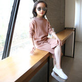 女童2016年女宝韩版纯色针织毛线套头卫衣+阔腿裤两件套儿童套装