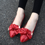 红色尖头平底鞋少女士单鞋小皮鞋女款平跟瓢鞋韩版秋鞋潮夏季大码