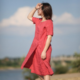梭娘原创设计2016夏季新款印度红下摆开叉纯亚麻短袖连衣裙女袍子