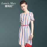 兰玛莉新款女装2016夏季欧美高端大牌短袖大码条纹棉麻连衣裙763
