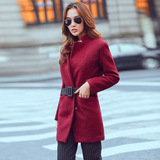 2015韩版修身冬季外套女拼接系带立领纯色长袖单件中长款毛呢大衣