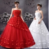 新款蕾丝花朵2016韩版新娘婚纱礼服甜美公主抹胸绑带齐地红色特卖