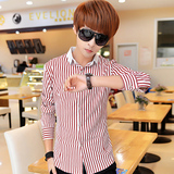 男士长袖条纹衬衫韩版修身薄款初青少年学生衬衣夏秋季上衣打底衫