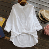 夏季大码女装前短后长宽松蝙蝠袖长袖中长款白衬衫女立领纯棉衬衣