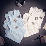 2016日系新款休闲口袋小猫刺绣情侣短袖衬衫男女装结婚证件照衬衣
