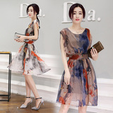 2016夏季新款女装韩国短袖修身显瘦A型大码中长款真丝雪纺连衣裙