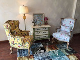 美式乡村客厅橡胶木单人沙发实木椅子花色布艺沙发新古典复古沙发