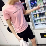 2016夏季潮流男士体恤韩版圆领短袖T恤男修身纯棉粉色半袖t桖简单
