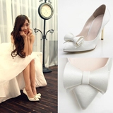 白色婚鞋新娘鞋宴会鞋性感尖头鞋蝴蝶结高跟鞋细跟中跟女单鞋浅口