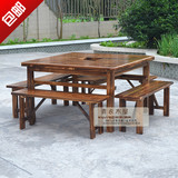 火锅桌椅组合实木电磁炉餐桌餐椅碳化木桌椅火烧木方桌长凳液化气