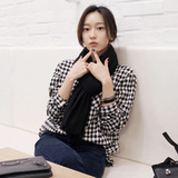 翌晨2015秋季韩版女装 纯棉长袖宽松型黑白格小格子衬衫立领衬衣