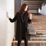2014秋冬新款女装韩版中长款气质修身小西装领黑色拼接毛呢外套