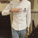 春装韩版修身型男士长袖寸衫日系字母白衬衫英伦学生潮流小领衬衣