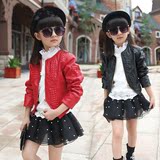 童装女童秋装皮衣新款2015皮外套长袖纯色红黑短款韩版时尚夹克潮