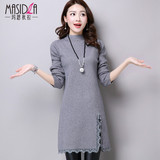 2016春装新款女韩版蕾丝下摆开叉纯色针织衫半高领打底衫大码毛衣