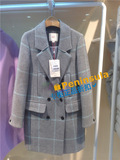 代购专柜正品ENC2015冬女装羊毛呢子灰色宽松格子中长款外套大衣