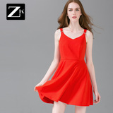 ZK性感露背吊带连衣裙高腰修身显瘦时尚气质裙子2016夏季新款女装