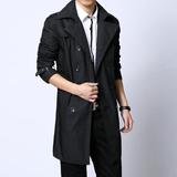 2016男装春季韩版修身风衣 男士英伦中长款外套 男款黑色大衣棉麻