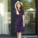 韩版女装松紧腰中长款短袖雪纺连衣裙夏季女大码樱桃印花长裙潮