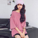 2016夏季新款淑女圆领纯色上衣韩版中长款三分袖宽松T恤