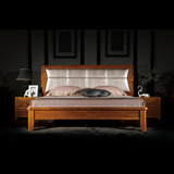 全实木简约现代中式家具卧室1.8 1.5米真皮皮革带软靠双人床婚床