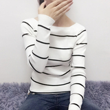 2016秋季新款一字领条纹女t恤长袖修身韩版上衣打底衫针织衫女装