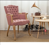 美式餐椅 复古实木皮艺餐椅做旧麻布拉扣餐椅 时尚单人扶手椅