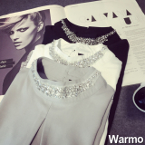 warmo2016春季独家定制韩范钉珠立领长袖白衬衫修身蕾丝雪纺衫女
