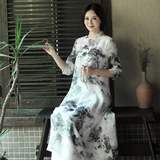 中国风复古女装中式茶袍黑白水墨画宽松旗袍连衣裙禅服茶人服长袍