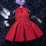 新款儿童古筝礼服演出服小花童走秀蓬蓬裙女童红色蕾丝旗袍连衣裙