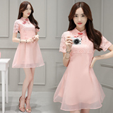 2016夏季新款韩版气质遮肉修身旗袍领蕾丝欧根纱拼接粉色连衣裙
