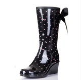 热卖时尚女士中高筒雨鞋韩国蝴蝶结坡跟雨靴高跟胶鞋保暖鞋女单鞋