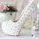 白色蕾丝水晶超高跟婚鞋新娘鞋镶钻礼服鞋舞台演出鞋细跟单鞋女