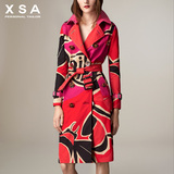 XSA欧洲站时尚风衣外套长款撞色拼接2015秋装新款B家双排扣女装