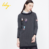 Lily2015冬正品代购115410B7320竖条纹长袖羊毛针织连衣裙