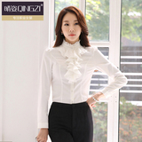 白色秋季韩版蕾丝立领ol职业装女装上衣衬衫女士长袖衬衣女中长款