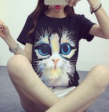 2016夏季新款圆领短袖T恤学生韩版女装3D印花猫头打底衫女生衣服