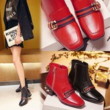 韩版秋冬新款真皮靴子红色方头短靴粗跟平底黑色马丁靴牛皮女