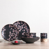 新品日式餐具景德镇陶瓷餐具黑釉樱花米饭碗盘子碟子勺子10个尺寸