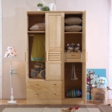 全实木衣柜 全松木衣柜 三门带抽衣柜 1.2米大衣橱储物柜壁橱现货