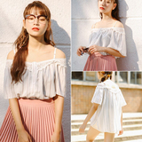 2016夏装新款韩版一字领条纹短袖上衣宽松镂空拼接吊带套头衬衫女