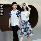 爱的国度夏季情侣装套装韩版格子女裙时尚男女短袖t恤衫2016新款