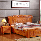 明清古典实木雕花床卧室橡木床1.8M高箱床婚庆床中式仿古家具风水