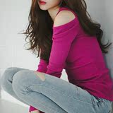 2016春装新款 韩版修身显瘦露肩性感女式t恤衫纯色长袖打底衫女款