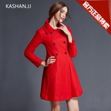 欧美女装新款双排扣收腰显瘦红色中长款羊毛呢子女大衣厚女外套KJ