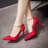 珍珠水钻尖头高跟鞋10CM 显瘦34码漆皮大红色婚鞋气质高档女单鞋